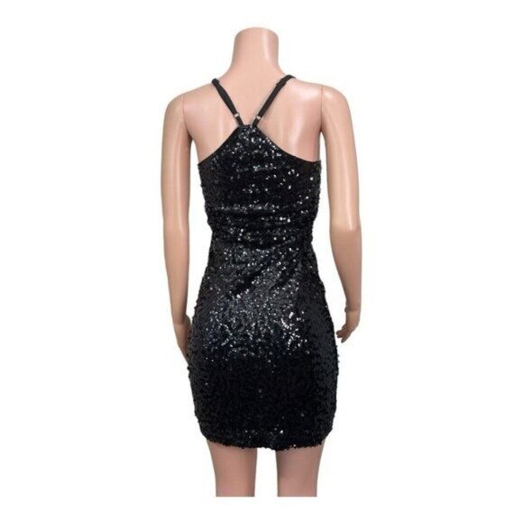 Black Sequin Mini Bodycon Dress With Adjustable Spaghetti Straps - Picture 9 of 13